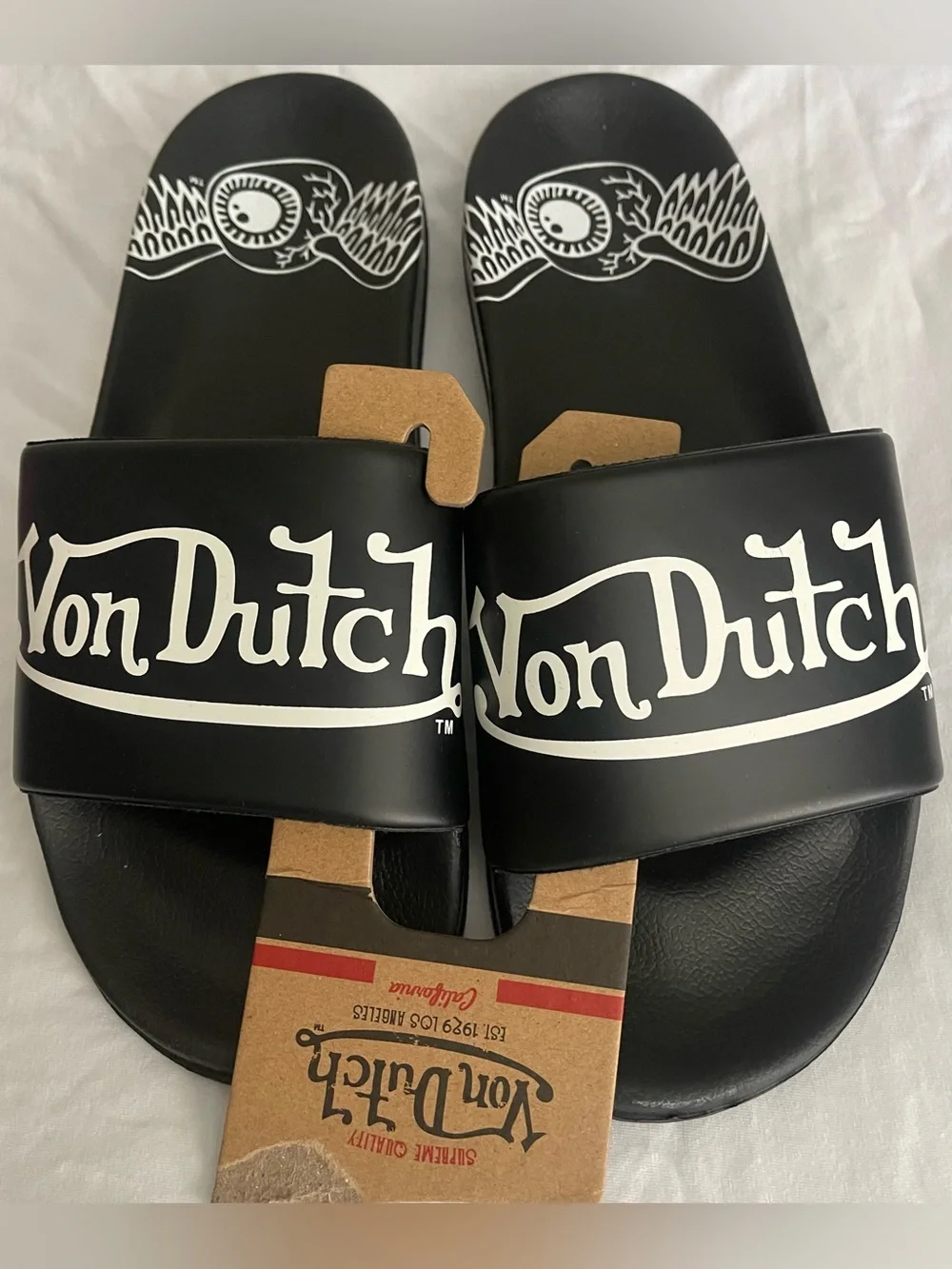 Von Dutch Black and White Logo Slide Sandals
